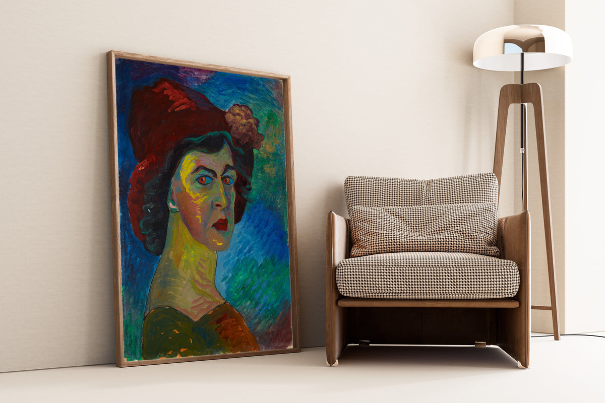 Self-Portrait I by Marianne von Werefkin — framed and leaning against a wall beside an armchair and a floor lamp