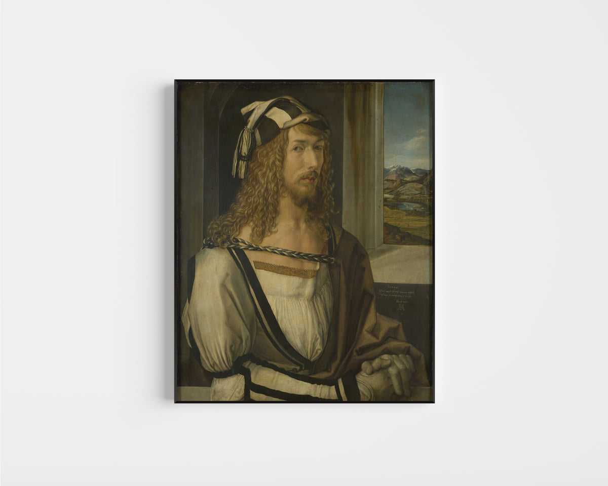 Framed art print of Self-Portrait by Albrecht Dürer, in a slim black frame on a plain white wall