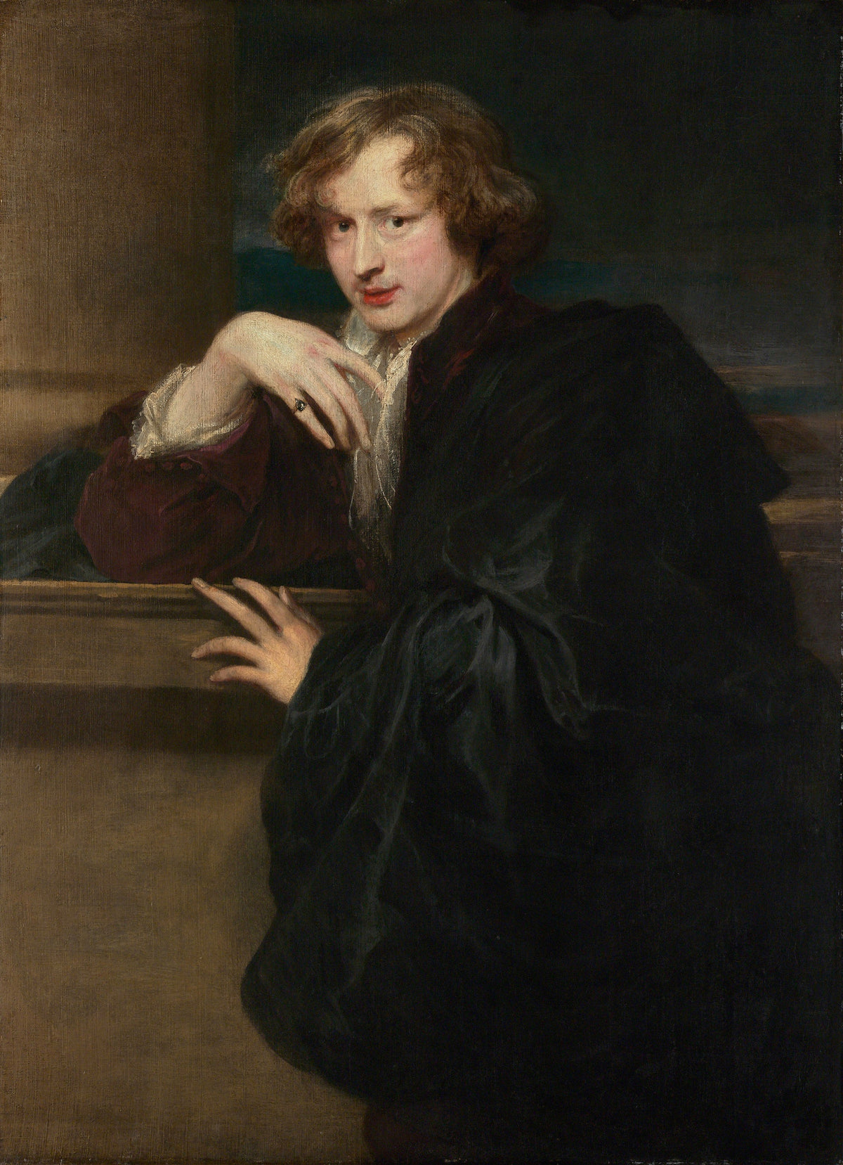 Self-Portrait by Anthony van Dyck — A young man with tousled hair leans on a ledge in a black silk cloak
