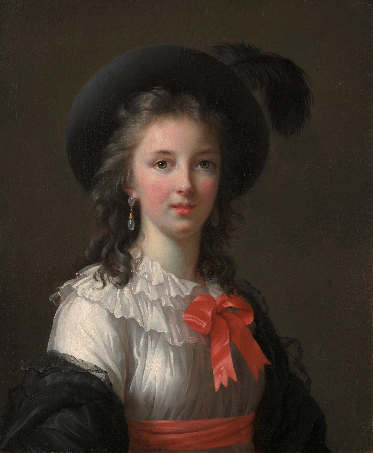 Self-Portrait by Élisabeth Louise Vigée Le Brun — A young woman in a black plumed hat with a red bow at her collar