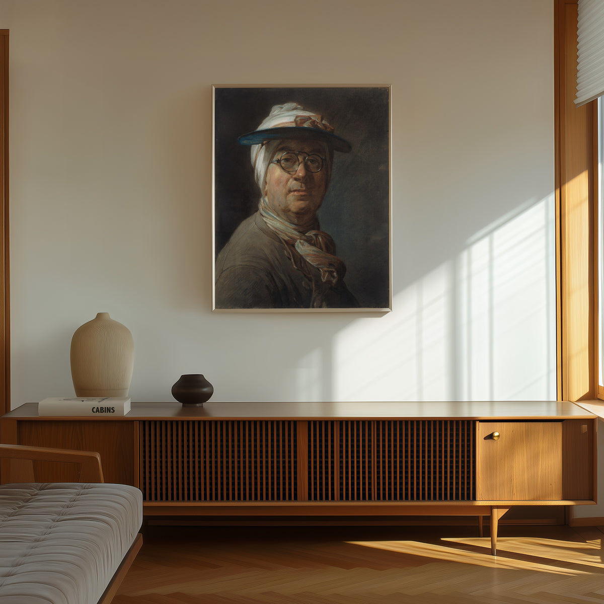 Framed art print of Self-Portrait with a Visor by Jean-Siméon Chardin, in a thin light frame on a sunlit wall above a wooden sideboard