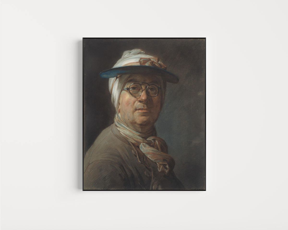Framed art print of Self-Portrait with a Visor by Jean-Siméon Chardin, in a slim black frame on a plain white wall