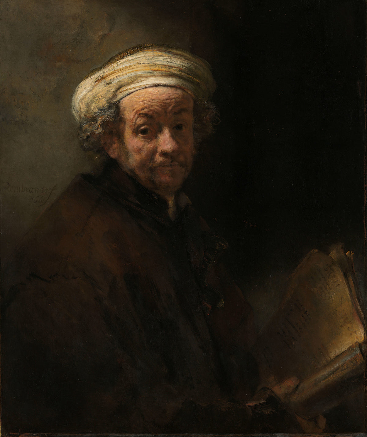 Self-portrait as the Apostle Paul by Rembrandt van Rijn — An old man in a striped turban looks up from a thick manuscript