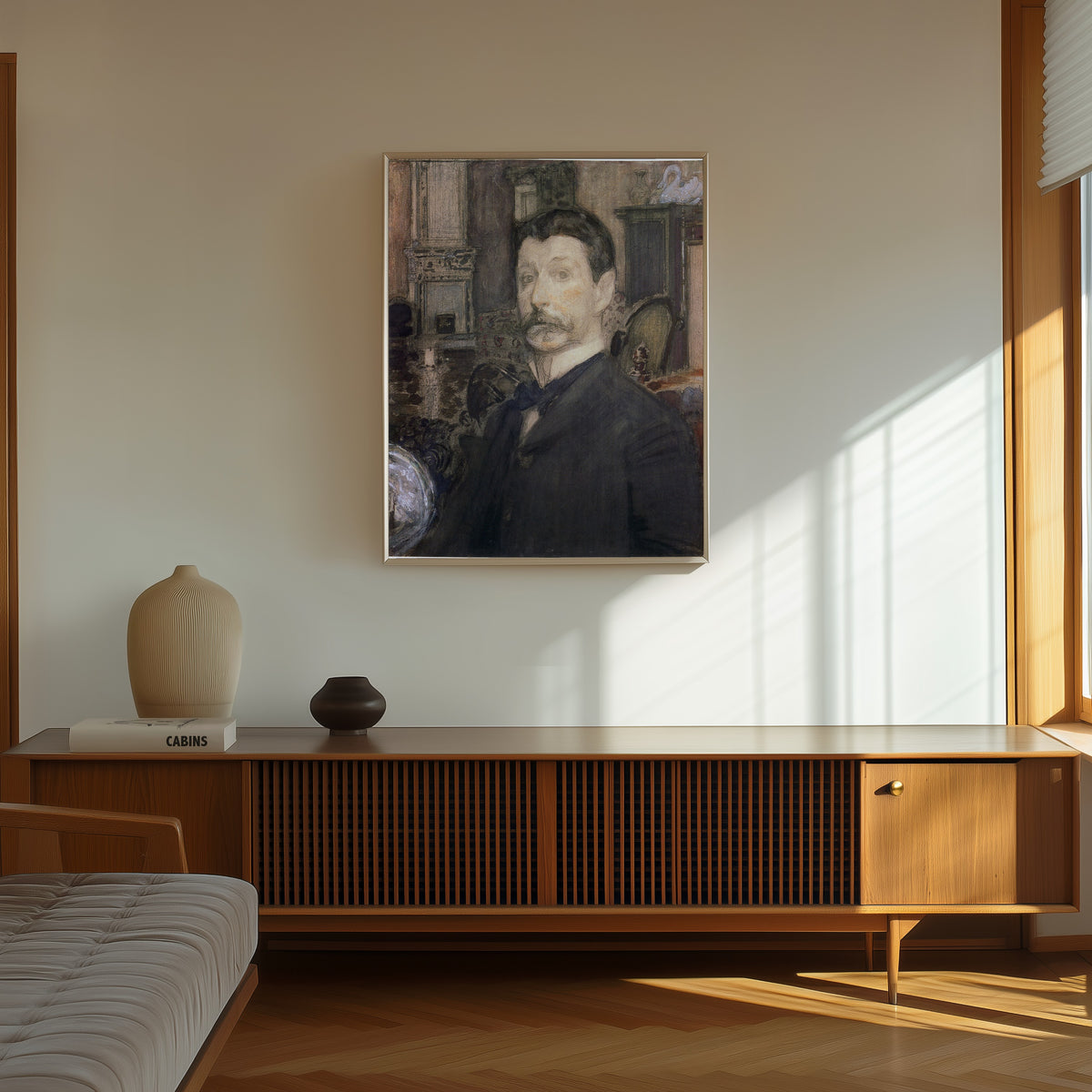 Framed art print of Self-portrait by Mikhail Vrubel, in a thin light frame on a sunlit wall above a wooden sideboard