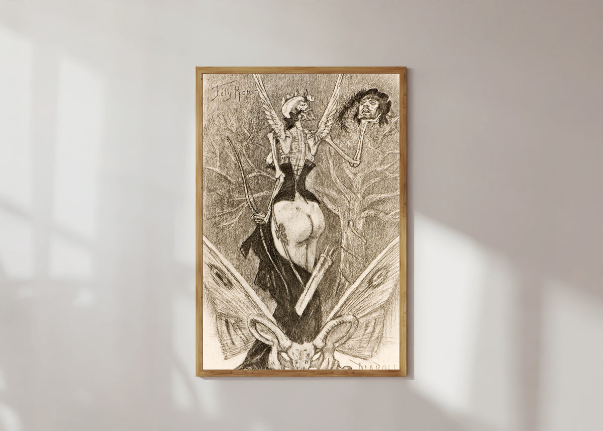 Framed art print of Sentimental Initiation by Félicien Rops, in a light wood frame on a sunlit white wall