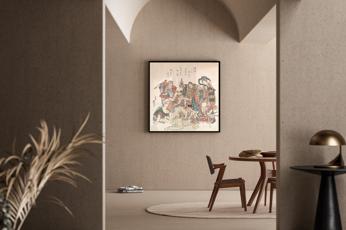 Framed art print of Seven Gods of Good Fortune by Katsushika Hokusai, in a sunlit dining corner