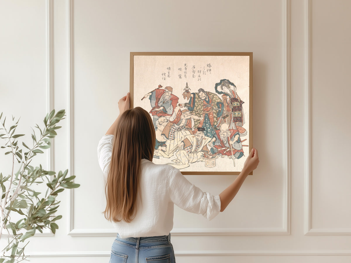 Framed art print of Seven Gods of Good Fortune by Katsushika Hokusai, hung on a panelled wall