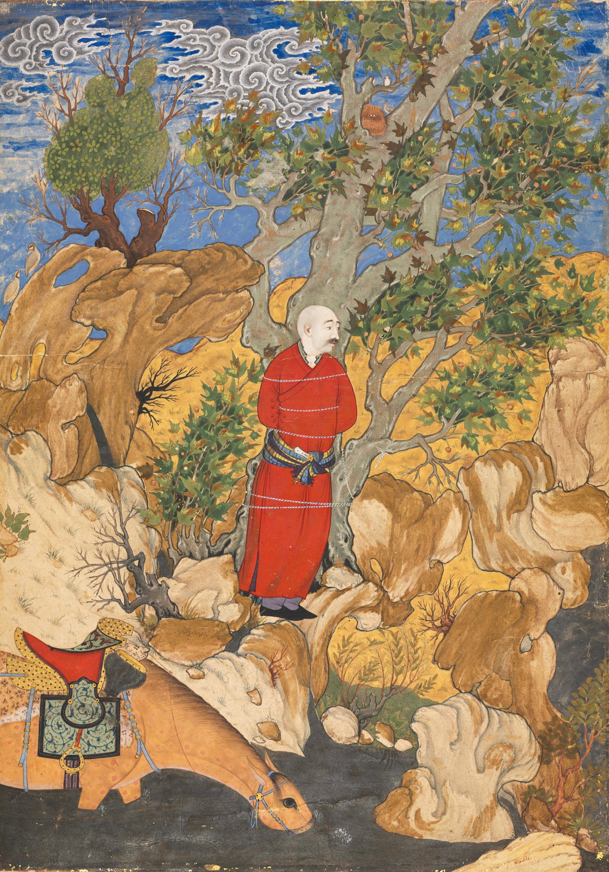 Sadiqi Bek — Shahnama: Aulad Tied to a Plane Tree | Persian Miniature Art Print