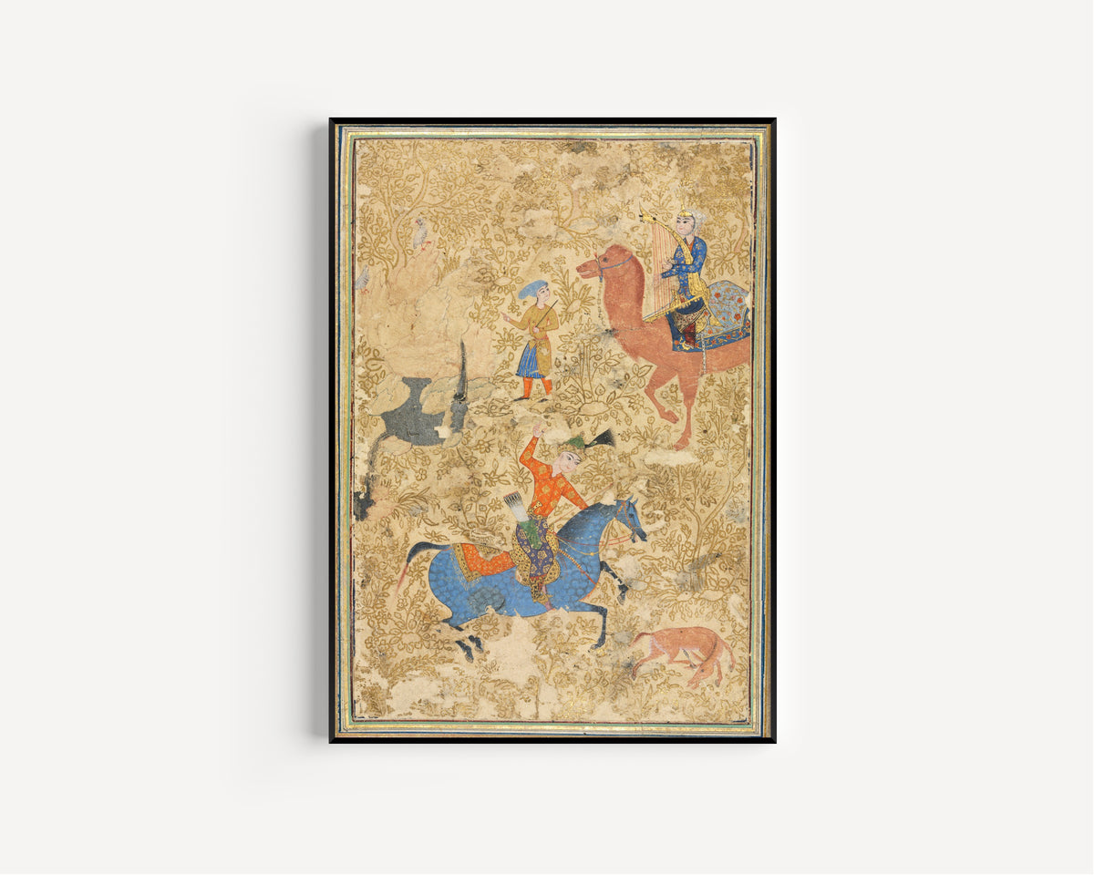 Framed art print of Shahnama: Bahram Gur and Azada, in a slim black frame on a plain white wall
