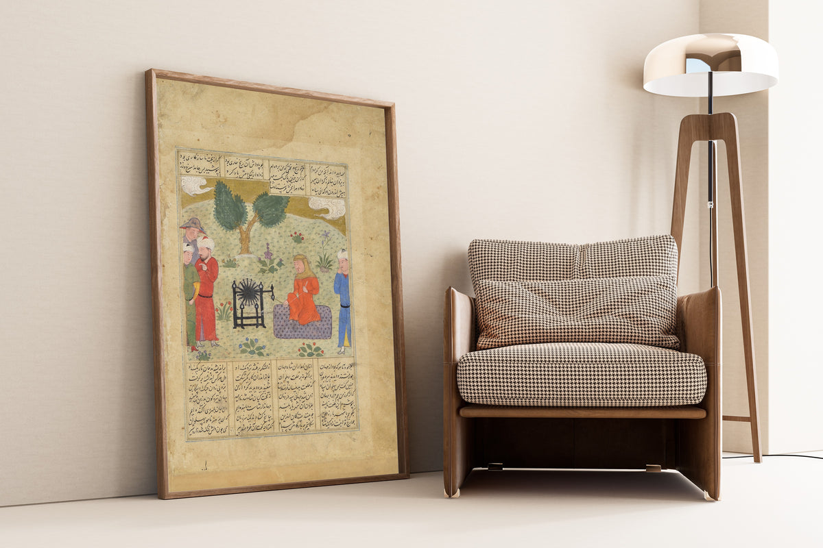 Framed art print of Shahnama: Bahram-e Chubineh Wears Women's Clothing and Spins Yarn, leaning against a wall beside an armchair and a floor lamp