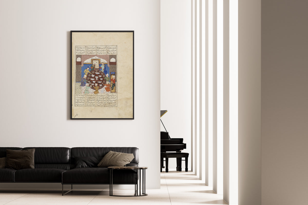 Framed art print of Shahnama: Hormuz Forces His High Priest to Eat Poisoned Food, on the wall of a minimal living room