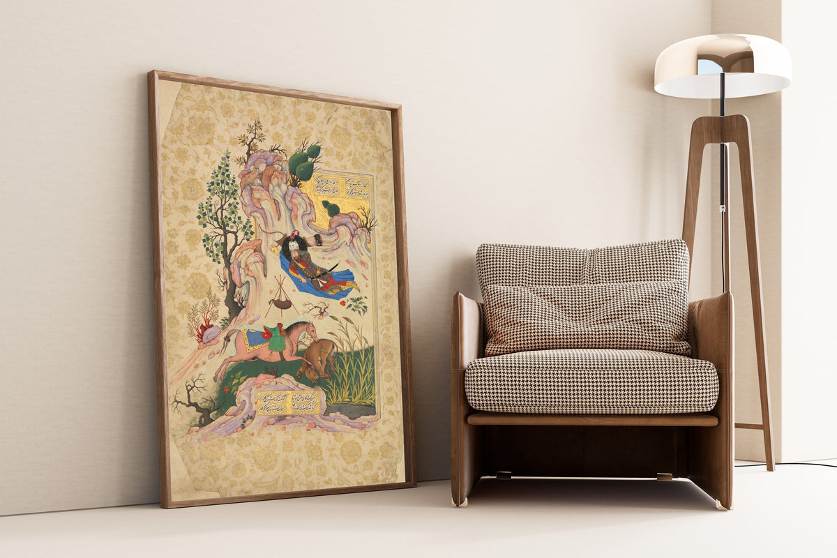 Framed art print of Shahnama: Rakhsh Kills a Lion while Rustam Sleeps, leaning against a wall beside an armchair and a floor lamp