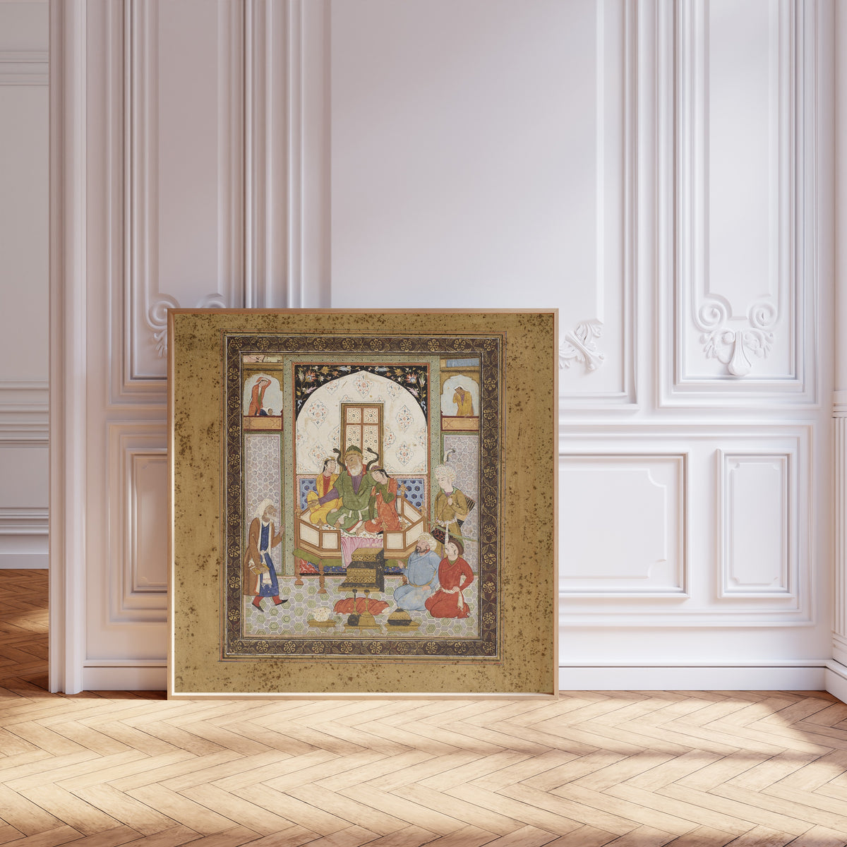 Framed art print of Shahnama: Zahhak Enthroned with the Two Daughters of Jamshid, leaning against pale pink panelling on a herringbone floor