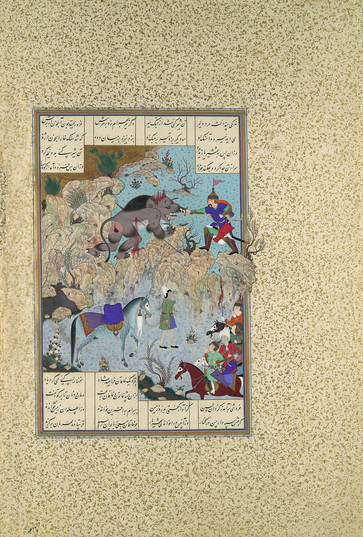 Mir Musavvir (attributed) and Qasim ibn Ali (attributed) — Shahnama of Shah Tahmasp: Bahram Chubina Slays the Lion-Ape | Persian Miniature Art Print