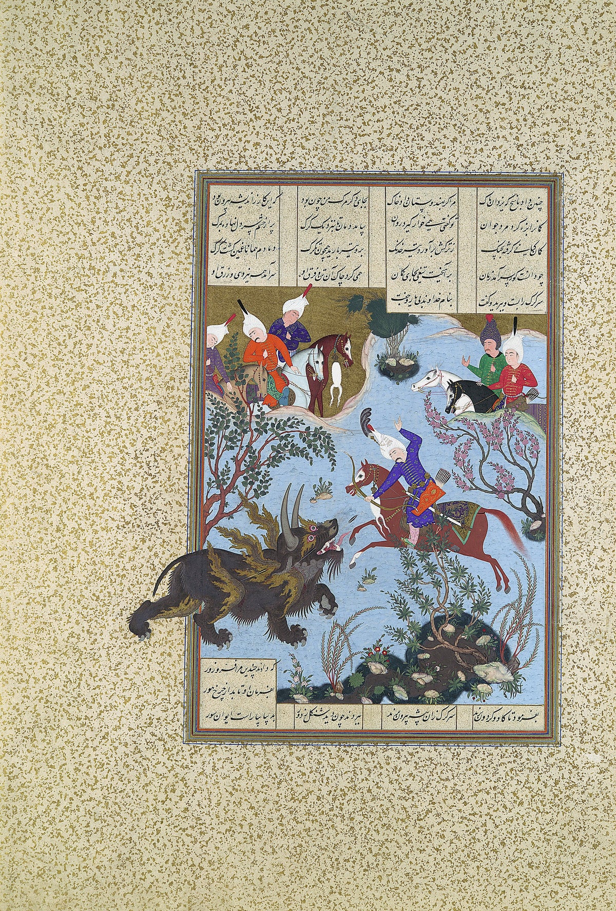 Abd al-Aziz (attributed) — Shahnama of Shah Tahmasp: Bahram Gur Slays the Rhino-Wolf | Persian Miniature Art Print