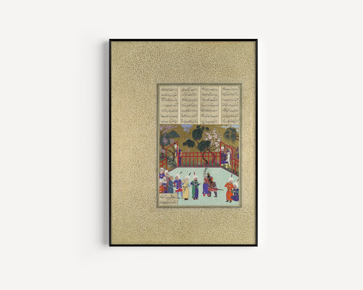 Qadimi (attributed) — Shahnama of Shah Tahmasp: Kai Kavus and Rustam Embrace | Persian Miniature Art Print