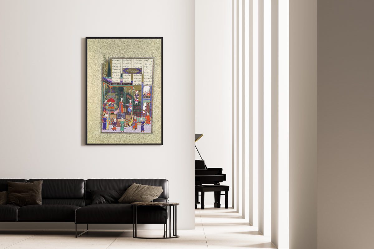 Framed art print of Shahnama of Shah Tahmasp: The Coronation of the Infant Shapur II by Muzaffar Ali (attributed), on the wall of a minimal living room