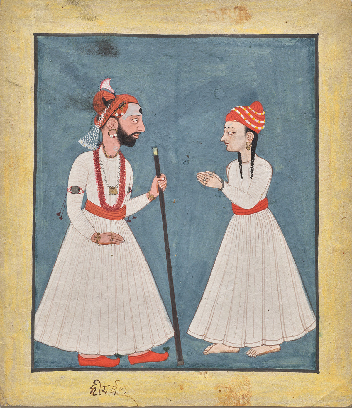 Shamsher Sen of Mandi with a youth by Mandi school — A bearded ruler with a staff faces a youth against a slate-blue ground