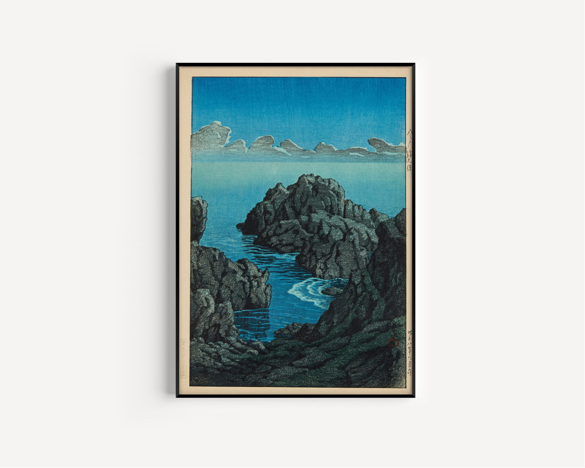 Framed art print of Shinkubo, Hachinohe by Kawase Hasui, in a slim black frame on a plain white wall
