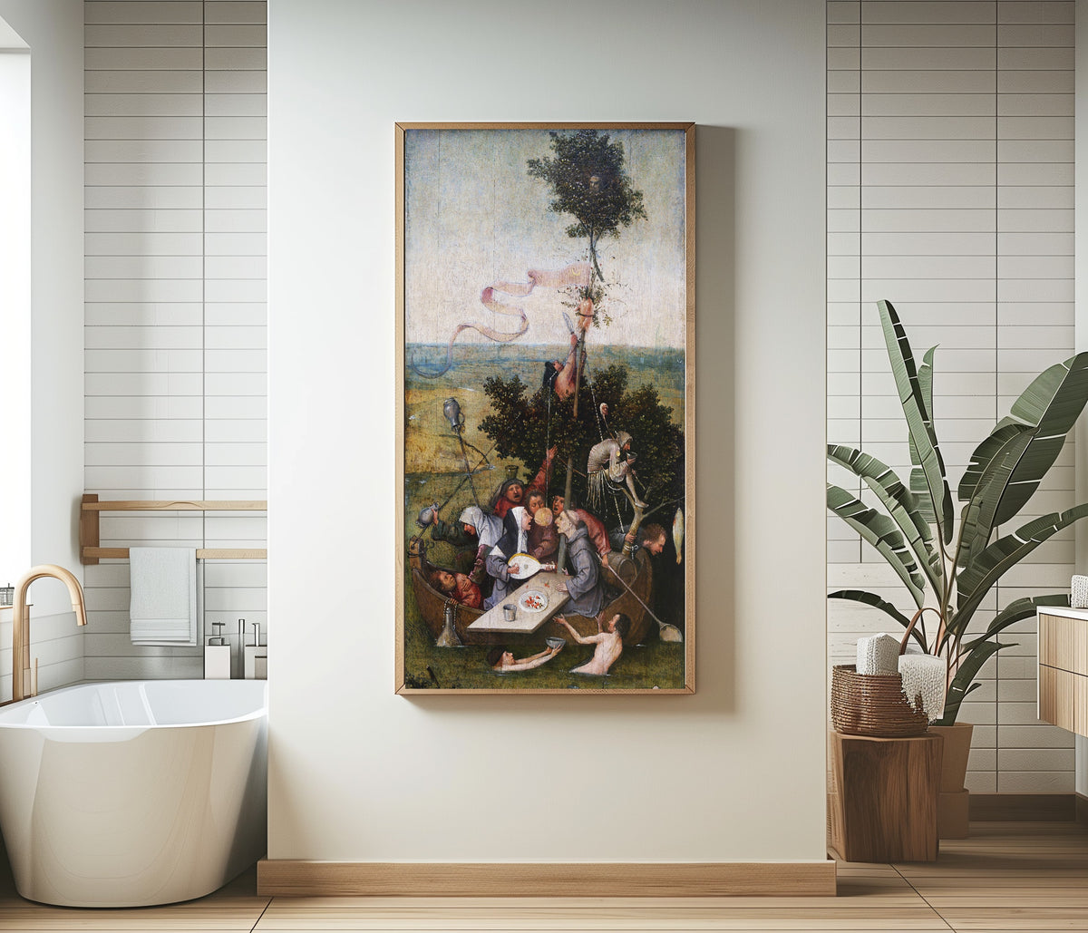 Framed art print of Ship of Fools by Hieronymus Bosch, in a bathroom beside a freestanding tub
