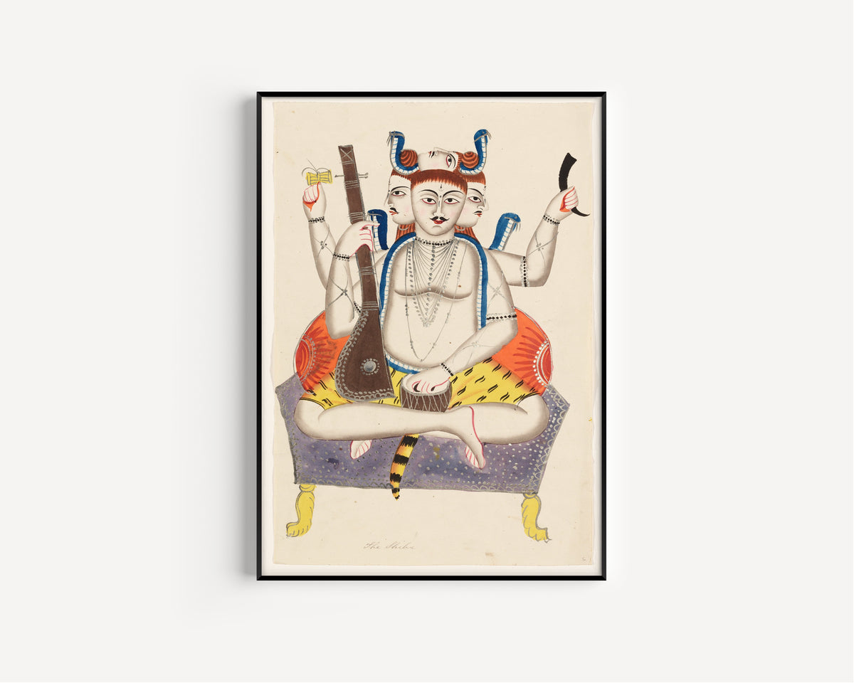Framed art print of Shiva by Kalighat painter, in a slim black frame on a plain white wall