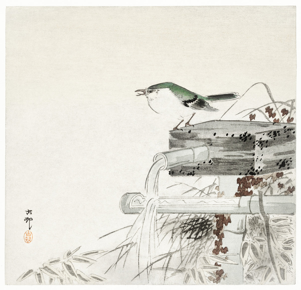 Siberian Blue Robin at a Bamboo Water Spout by Ohara Koson — A green-capped songbird sings beside a trickle of water