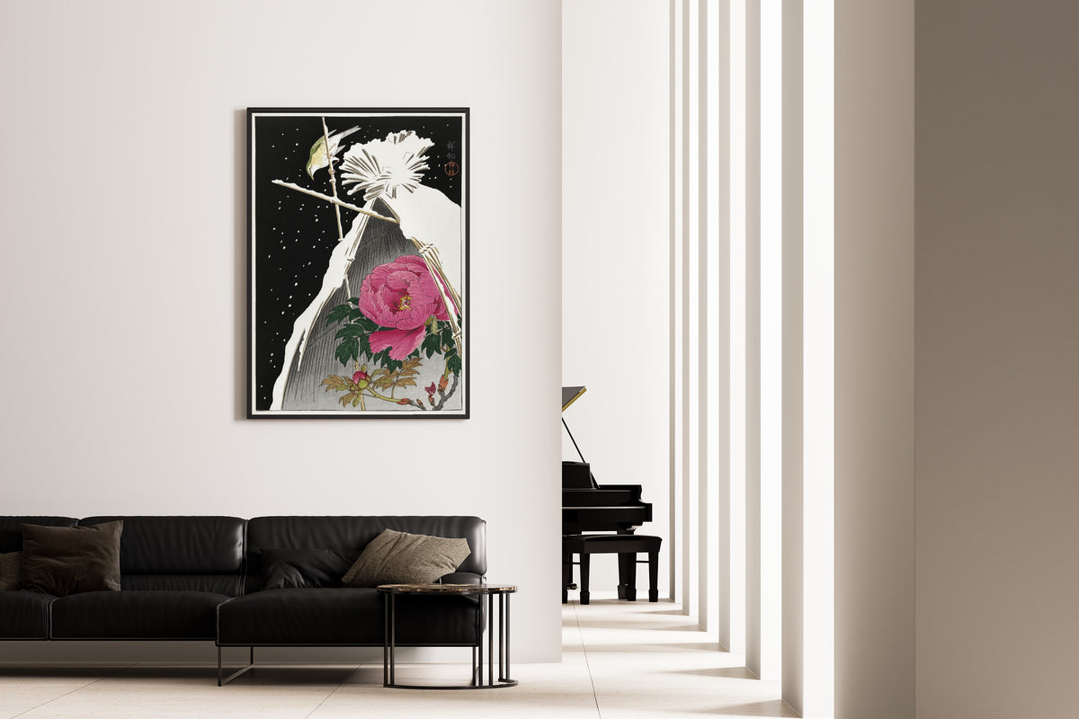 Ohara Koson — Siberian Bluechat next to a Peony | Japanese Bird & Flower Woodblock Print