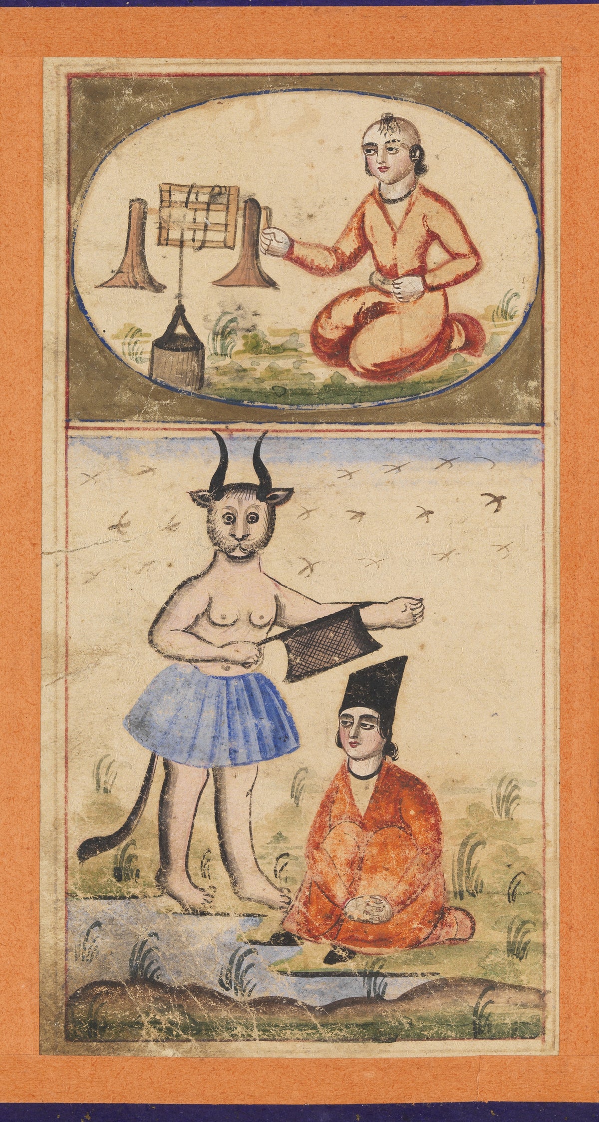 Signs of the Zodiac: Aquarius, the Water Carrier by Unknown artist — A horned, cat-faced creature holds a net above a seated figure