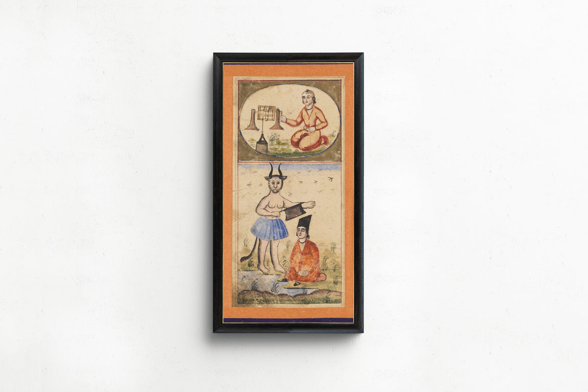 Framed art print of Signs of the Zodiac: Aquarius, the Water Carrier by Unknown artist, in a slim black frame on a plain white wall