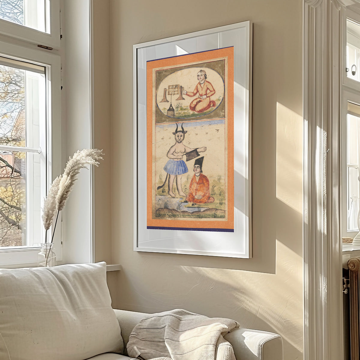 Framed art print of Signs of the Zodiac: Aquarius, the Water Carrier by Unknown artist, in a sunlit living room above a sofa