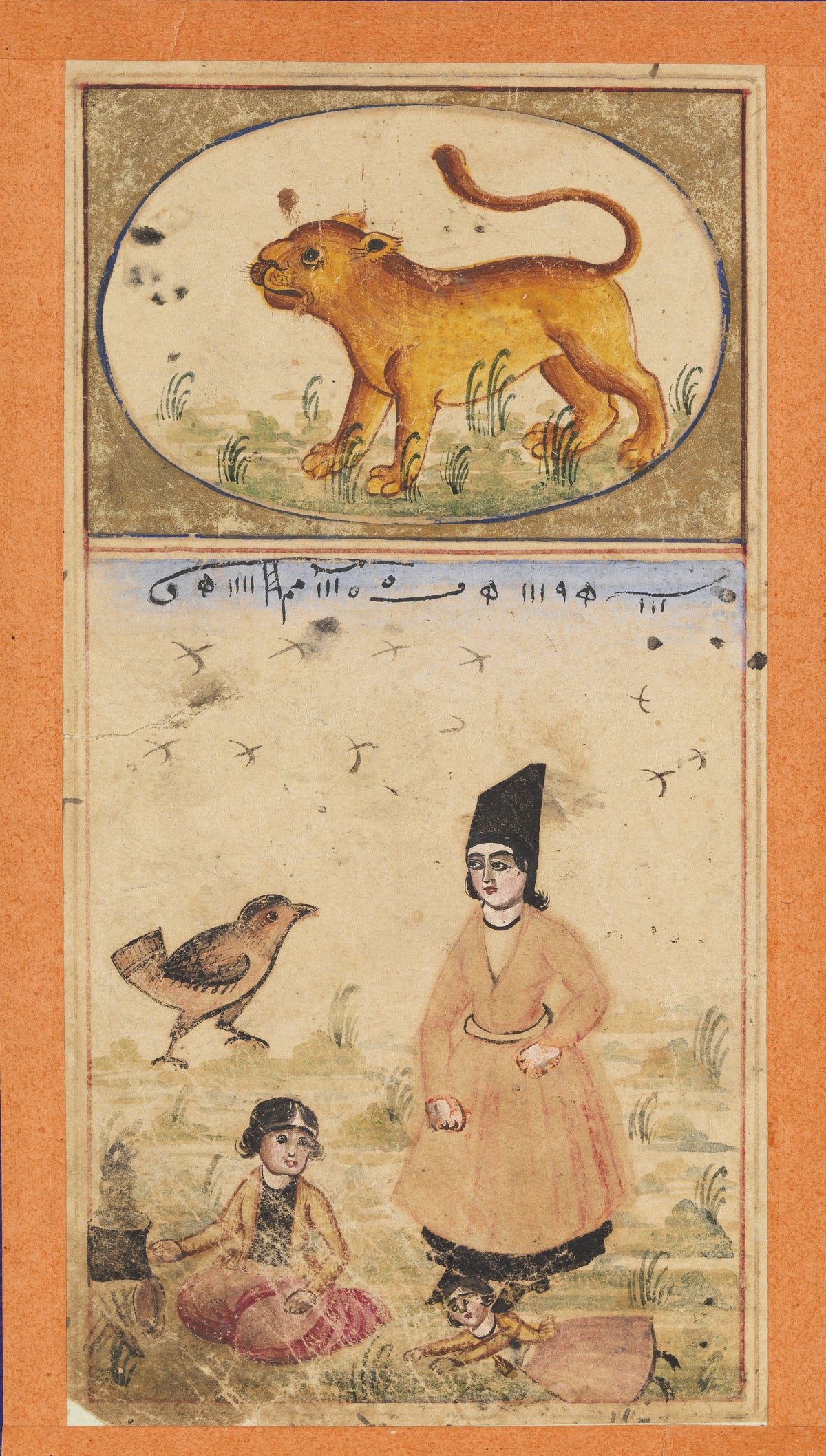 Signs of the Zodiac: Leo, the Lion by Unknown artist — A golden lion strides in an oval above a meadow of figures and birds