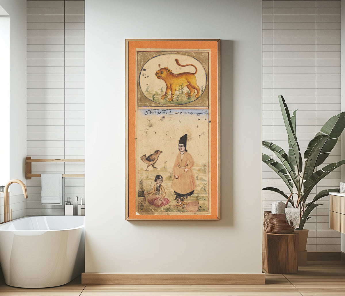 Framed art print of Signs of the Zodiac: Leo, the Lion by Unknown artist, in a bathroom beside a freestanding tub