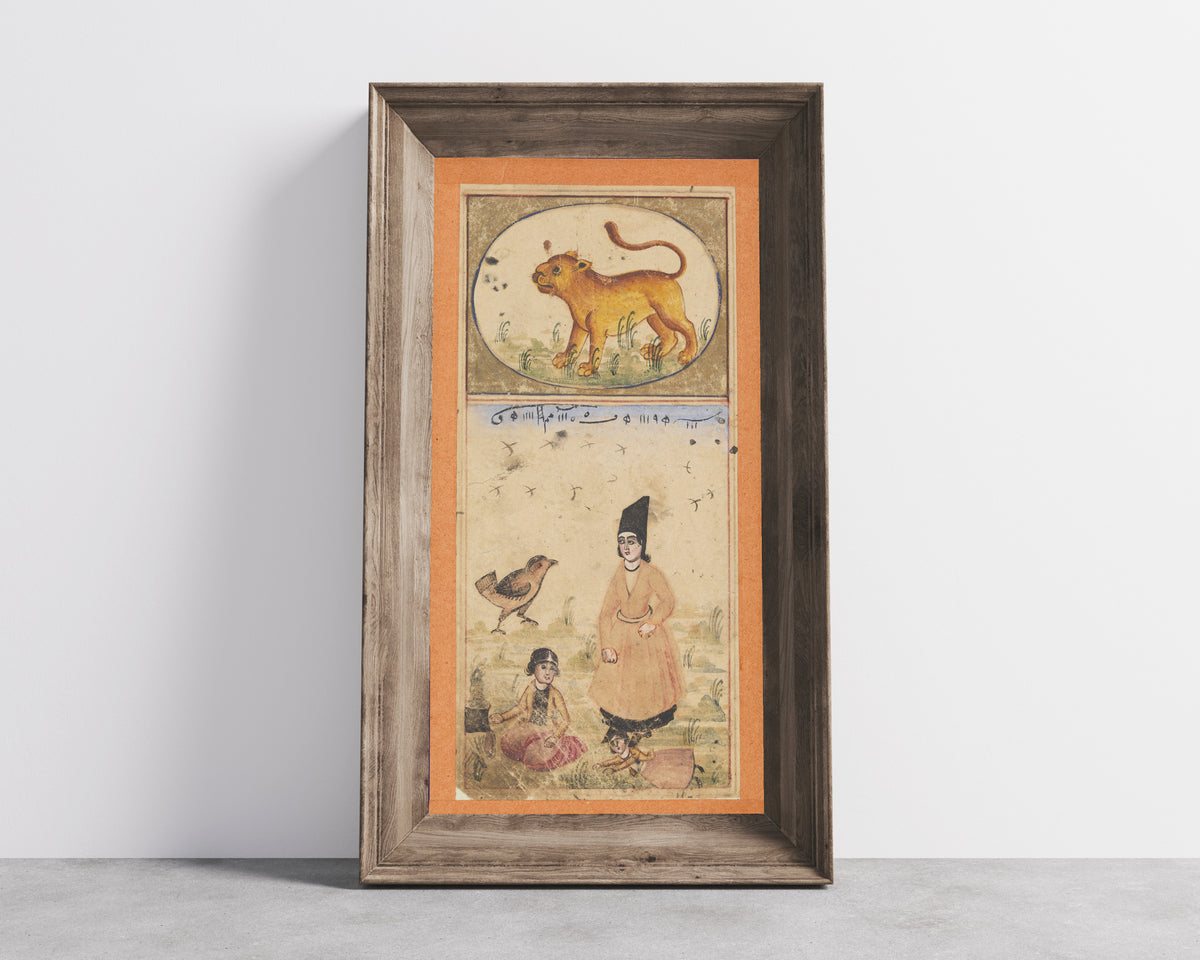 Framed art print of Signs of the Zodiac: Leo, the Lion by Unknown artist, in a wide wooden frame leaning against a concrete wall