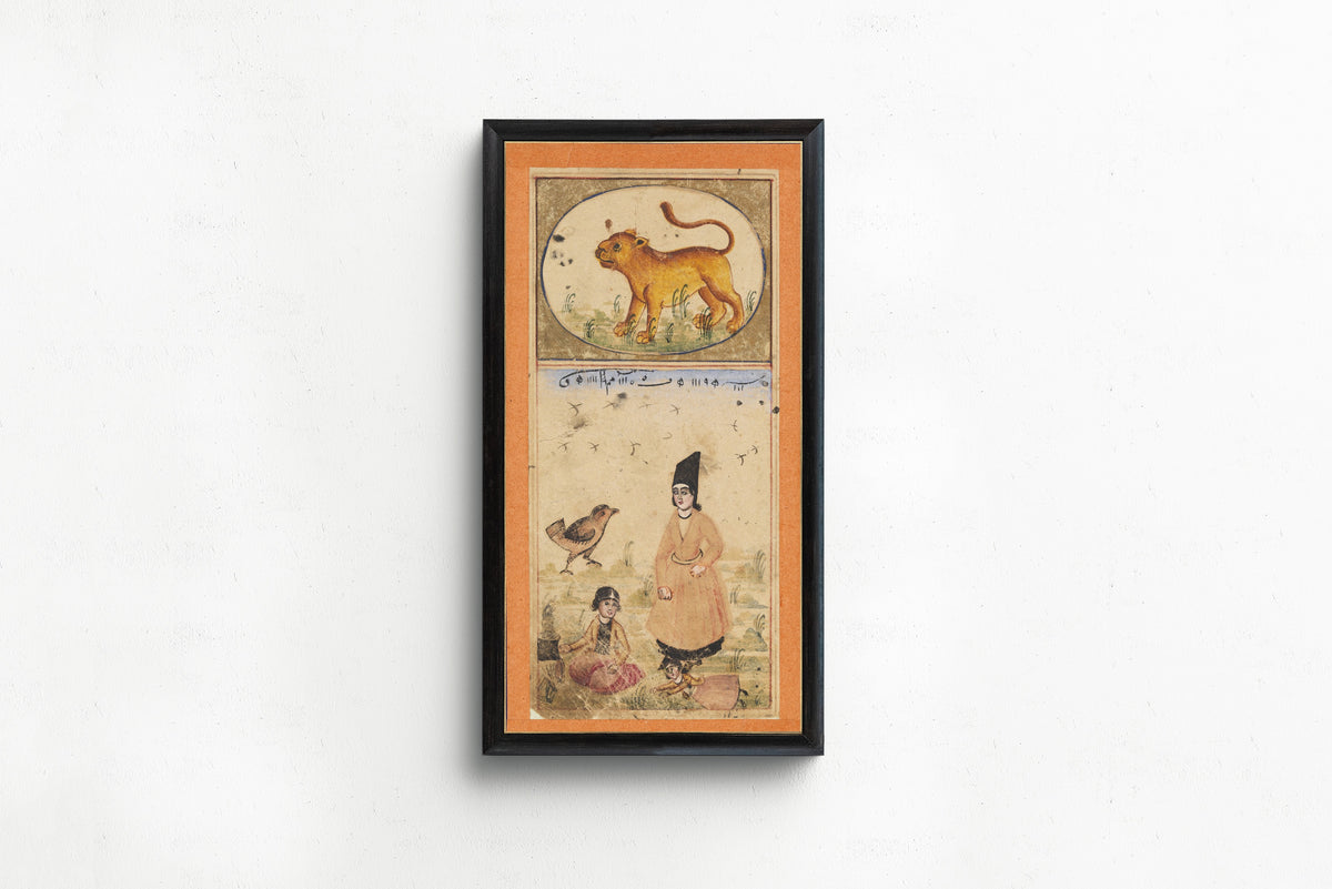 Framed art print of Signs of the Zodiac: Leo, the Lion by Unknown artist, in a slim black frame on a plain white wall