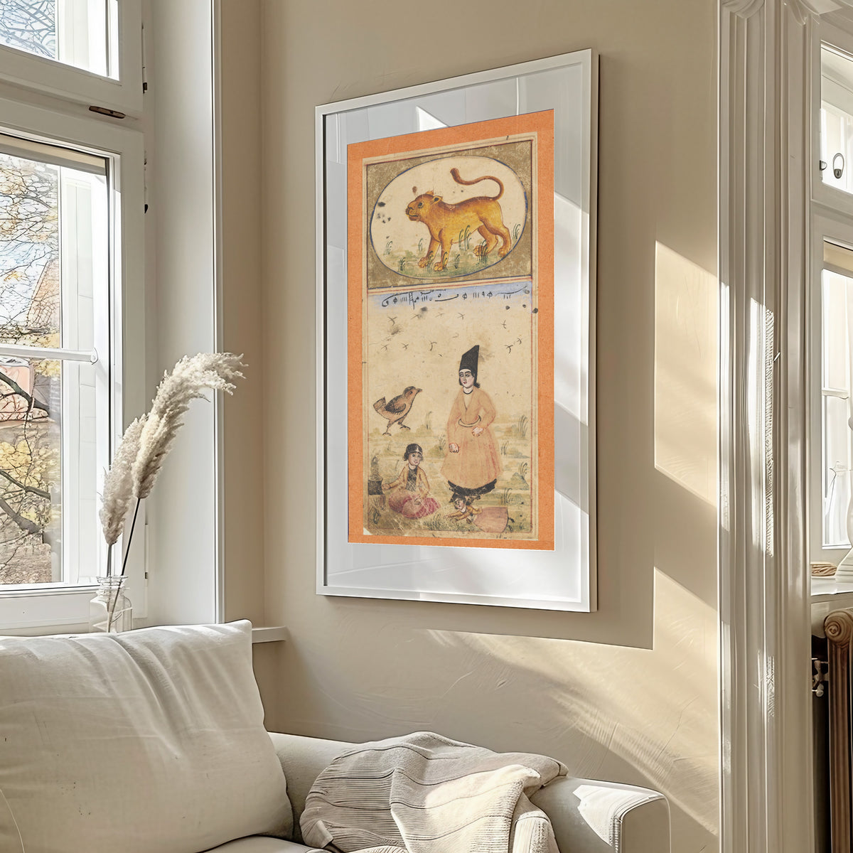 Framed art print of Signs of the Zodiac: Leo, the Lion by Unknown artist, in a sunlit living room above a sofa