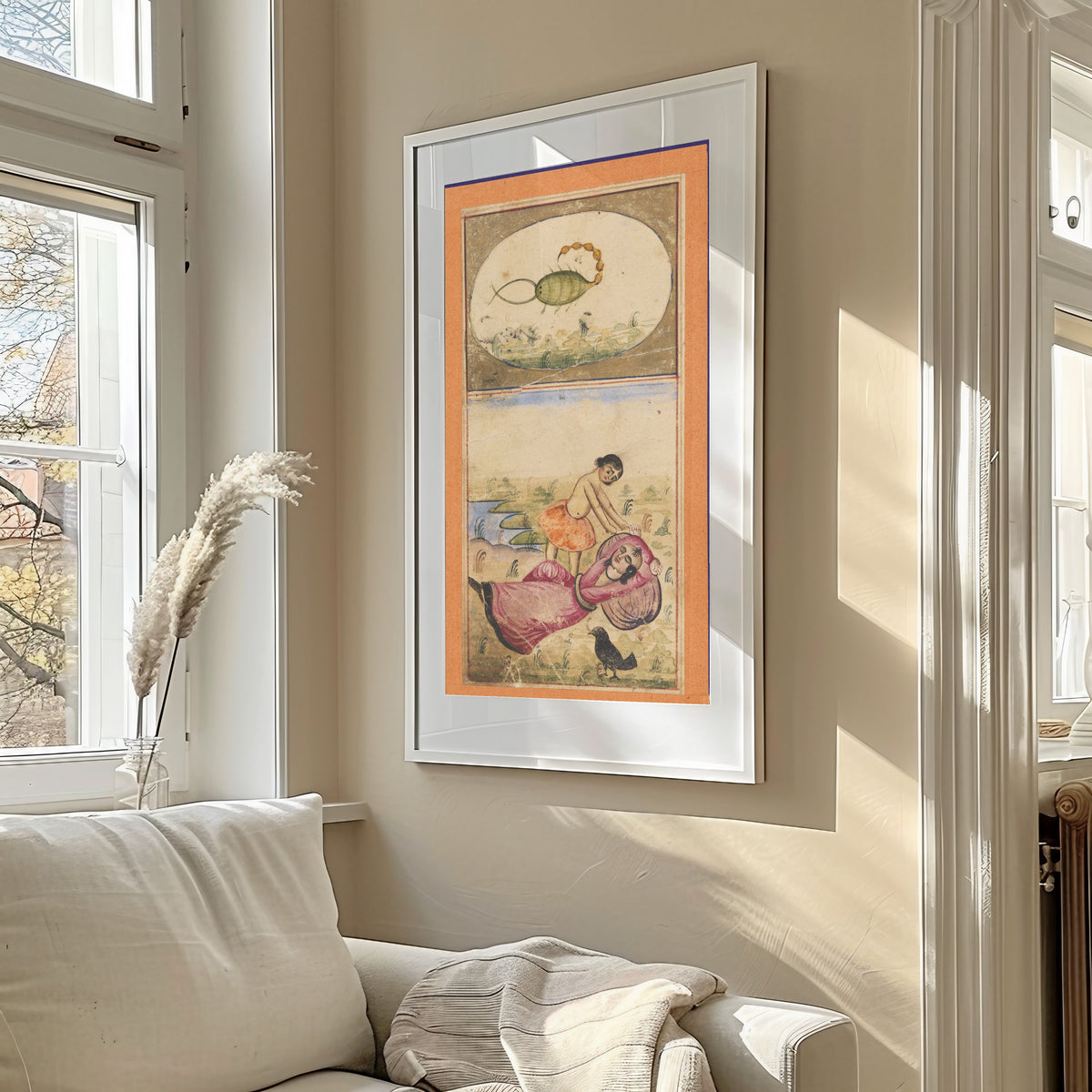 Framed art print of Signs of the Zodiac: Scorpio, the Scorpion by Unknown artist, in a sunlit living room above a sofa