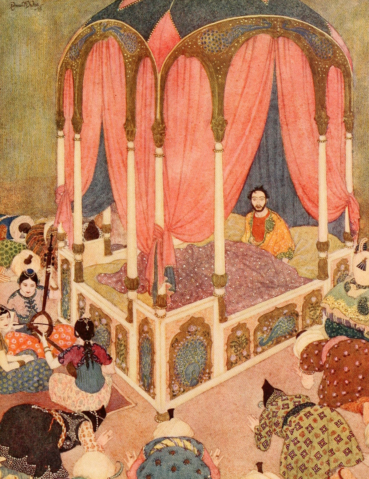 Edmund Dulac — Sinbad the Sailor & Other Stories from the Arabian Nights: Abu-l-Hasan Awakens in the Bed of the Khalifeh | Fairy Tale Illustration Print