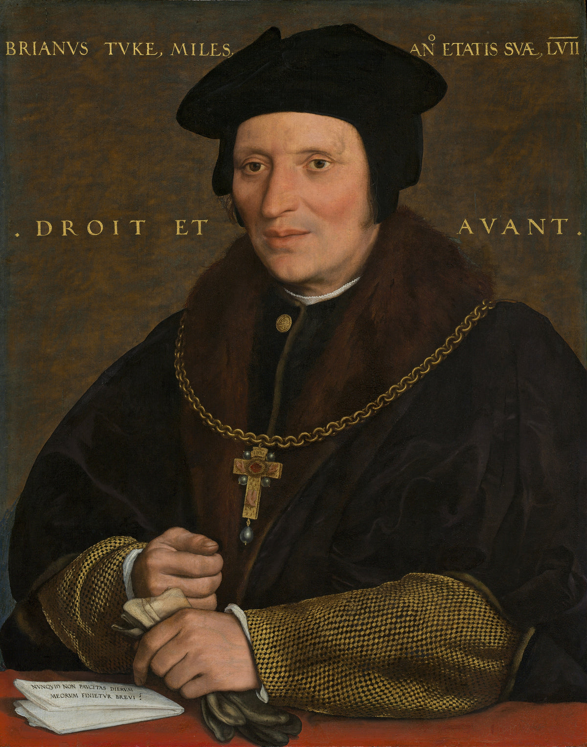 Sir Brian Tuke by Hans Holbein the Younger — A fur-collared man in a black cap beneath gold Latin lettering