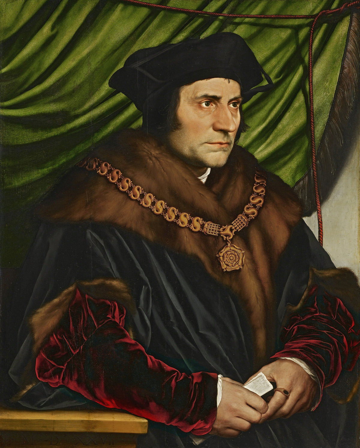 Sir Thomas More by Hans Holbein the Younger — Fur collar, gold chain and a sidelong stare before a green curtain