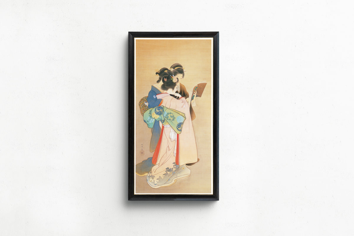 Sisters by Uemura Shōen — shown framed on a wall