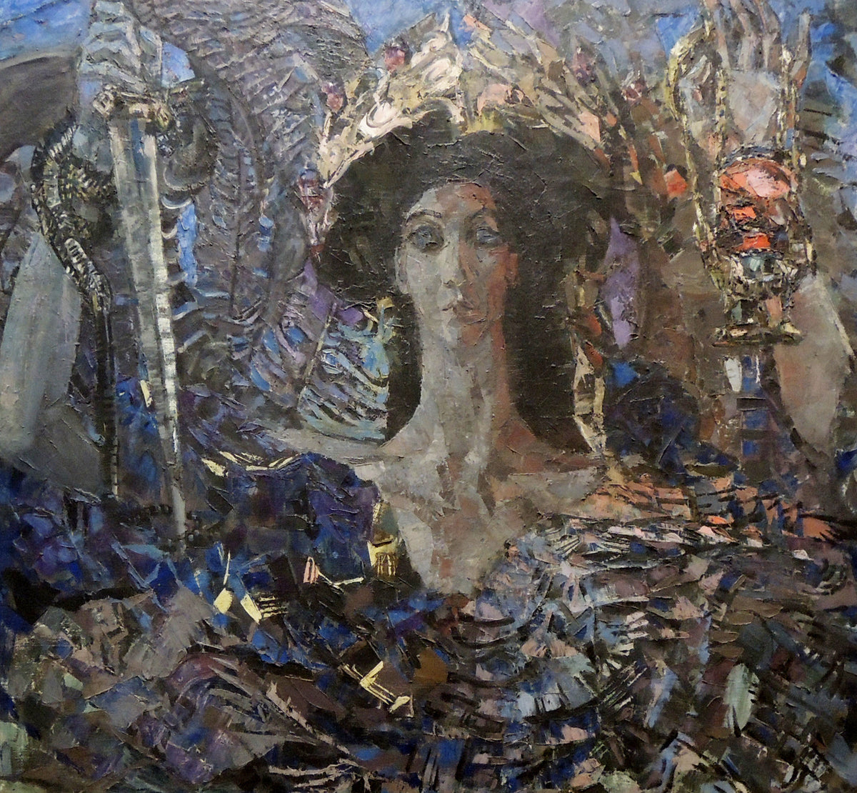 Six-winged Seraph (Azrael) by Mikhail Vrubel — A crowned seraph beside a tall sword raises a glowing red lamp