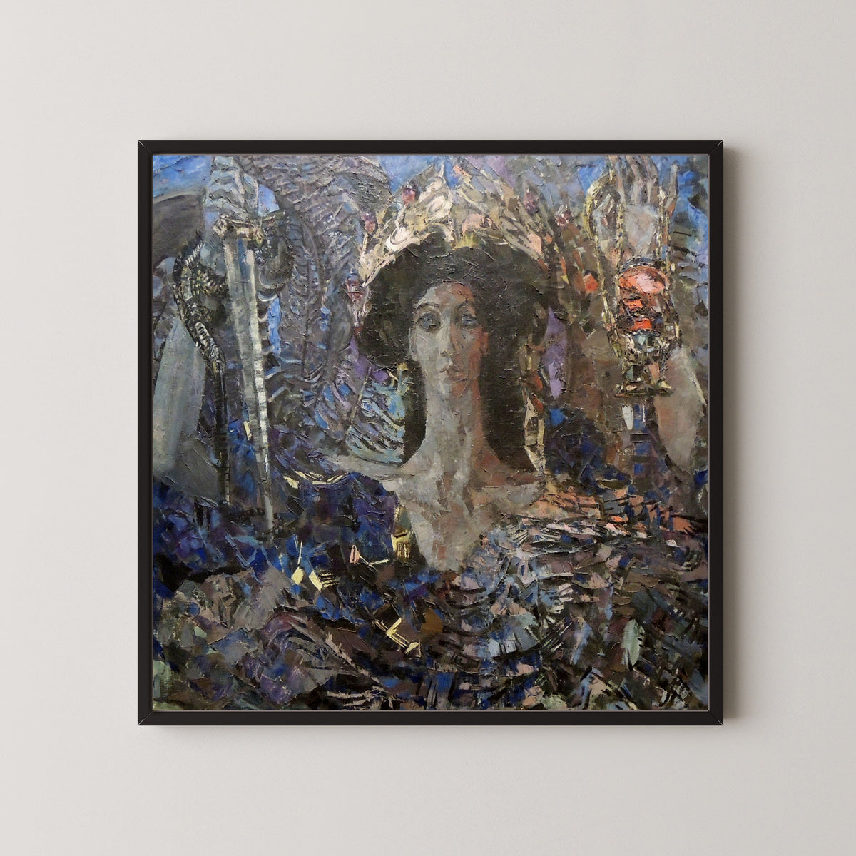 Framed art print of Six-winged Seraph (Azrael) by Mikhail Vrubel, in a black frame on a pale wall