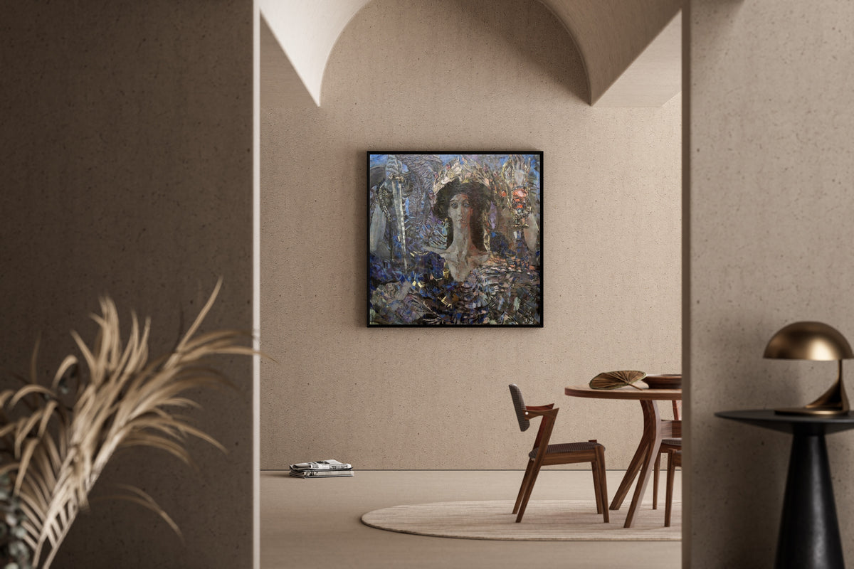 Framed art print of Six-winged Seraph (Azrael) by Mikhail Vrubel, in a sunlit dining corner
