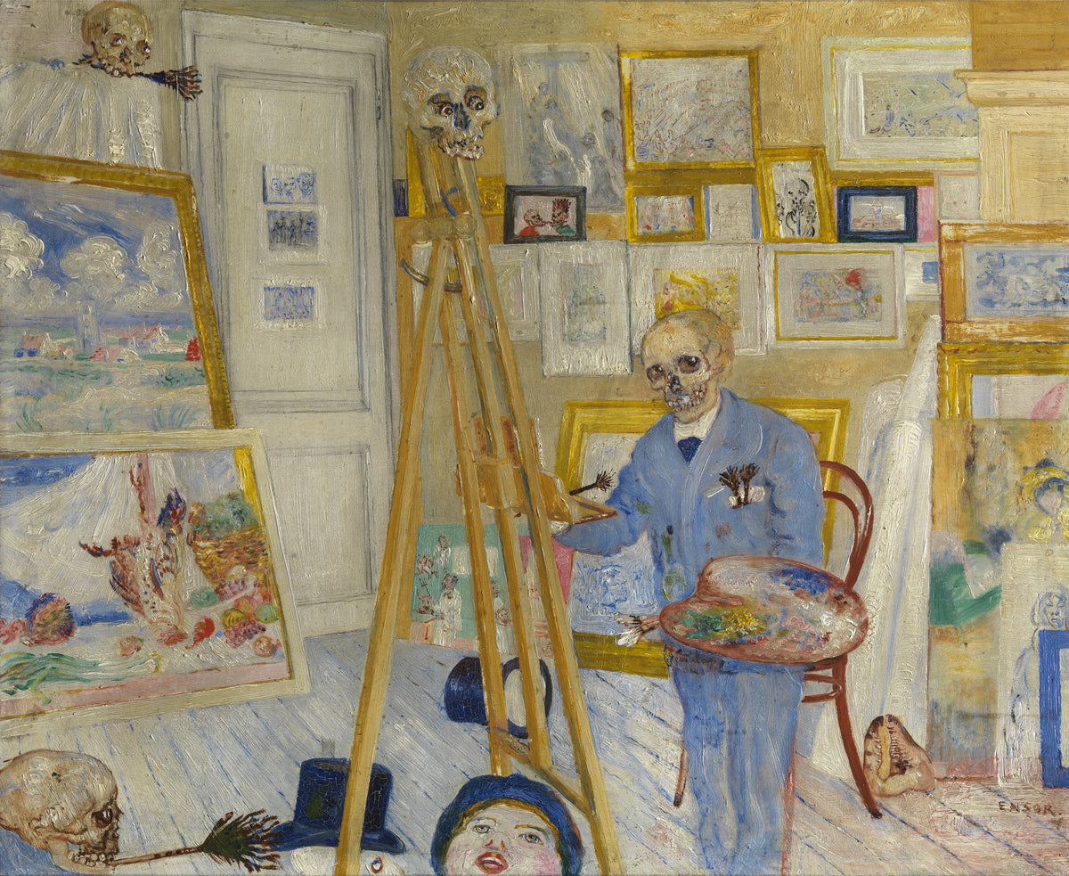 Skeleton Painter in His Studio (Het schilderend geraamte) by James Ensor — A skeleton in a blue suit paints at an easel in a crowded studio