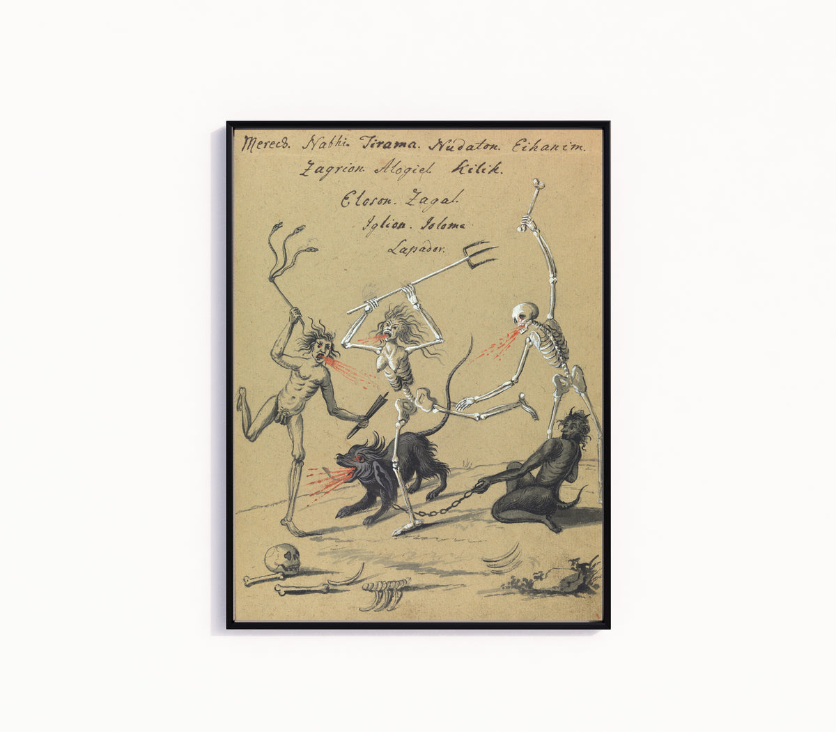 Framed art print of Skeleton and Demons with a Hell-Hound by Unknown artist, in a slim black frame on a plain white wall
