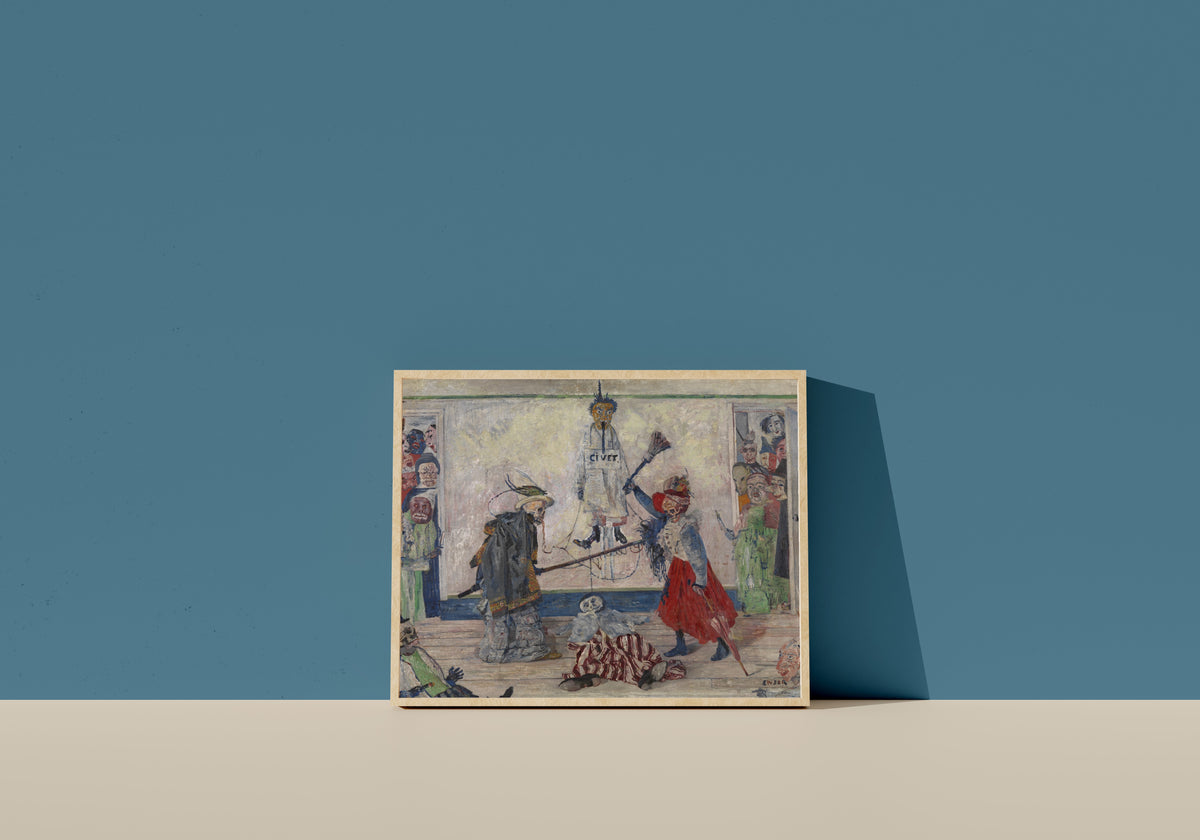 Framed art print of Skeletons Fighting over a Hanged Man (Geraamten twistend om een gehangene) by James Ensor, in a light wood frame leaning on a blue wall