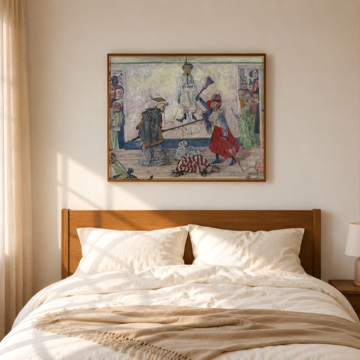 Framed art print of Skeletons Fighting over a Hanged Man (Geraamten twistend om een… by James Ensor, in a slim wood frame above a bed in a sunlit bedroom