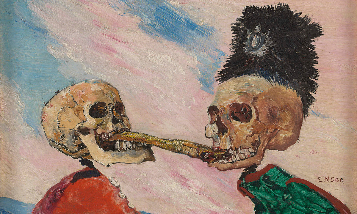 Skeletons Fighting over a Pickled Herring by James Ensor — Two grinning skulls tug at one herring against a pink sky