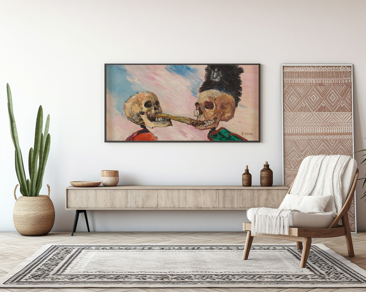 Framed art print of Skeletons Fighting over a Pickled Herring by James Ensor, above a sideboard in a living room