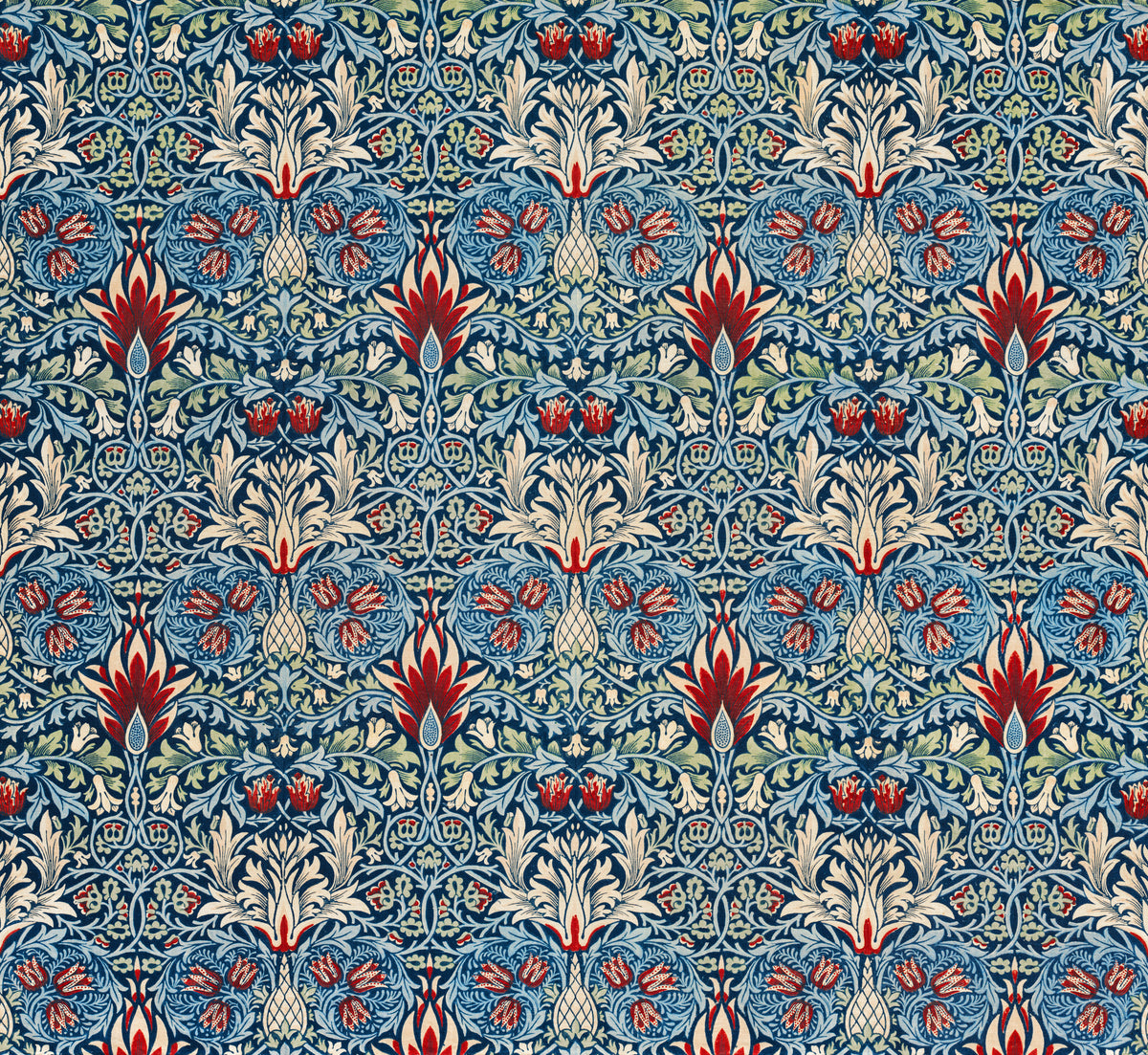 Snakeshead by William Morris — Red flame blooms and fritillaries on a deep navy ground